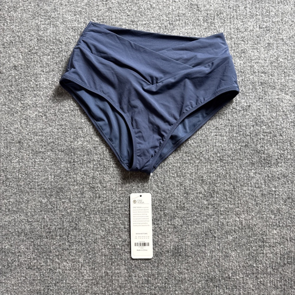 NWT CRZ YOGA Women's Crossover V-Cut High Waisted Bikini Swim Bottom Navy Blue S